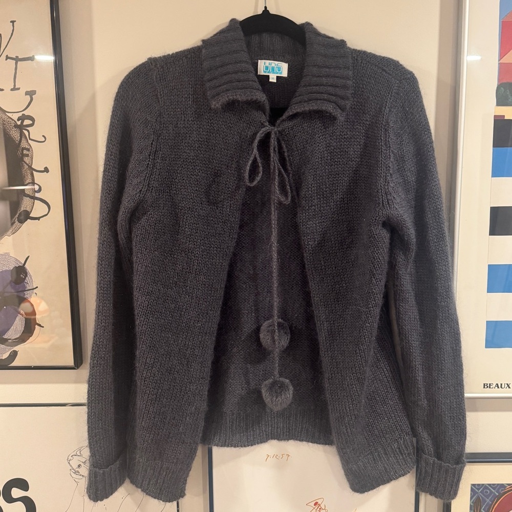 Vintage euro Charcoal Pom Pom tie knit Cardigan Sweater - fits like small